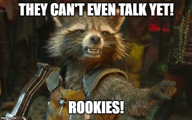 Rocket Raccoon | THEY CAN'T EVEN TALK YET! ROOKIES! | image tagged in rocket raccoon | made w/ Imgflip meme maker