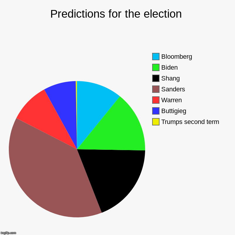 Predictions for the election | Trumps second term, Buttigieg, Warren, Sanders, Shang, Biden, Bloomberg | image tagged in charts,pie charts | made w/ Imgflip chart maker