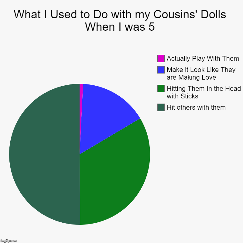 What I Used to Do with my Cousins' Dolls When I was 5 | Hit others with them, Hitting Them In the Head with Sticks, Make it Look Like They a | image tagged in charts,pie charts | made w/ Imgflip chart maker