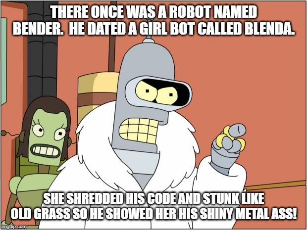 Bender Meme | THERE ONCE WAS A ROBOT NAMED BENDER.  HE DATED A GIRL BOT CALLED BLENDA. SHE SHREDDED HIS CODE AND STUNK LIKE OLD GRASS SO HE SHOWED HER HIS | image tagged in memes,bender | made w/ Imgflip meme maker