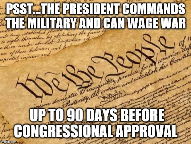 Constitution | PSST...THE PRESIDENT COMMANDS THE MILITARY AND CAN WAGE WAR UP TO 90 DAYS BEFORE CONGRESSIONAL APPROVAL | image tagged in constitution | made w/ Imgflip meme maker