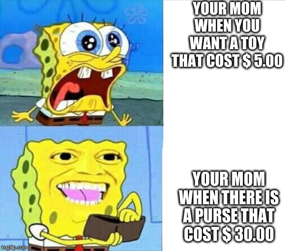 spongebob memepants | YOUR MOM WHEN YOU WANT A TOY THAT COST $ 5.00; YOUR MOM WHEN THERE IS A PURSE THAT COST $ 30.00 | image tagged in memes,mocking spongebob | made w/ Imgflip meme maker