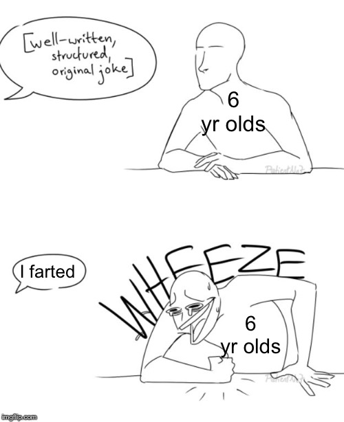 Wheeze | 6 yr olds; I farted; 6 yr olds | image tagged in wheeze | made w/ Imgflip meme maker