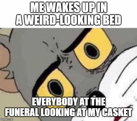 Tom Cat Unsettled Close up | ME WAKES UP IN A WEIRD-LOOKING BED; EVERYBODY AT THE FUNERAL LOOKING AT MY CASKET | image tagged in tom cat unsettled close up | made w/ Imgflip meme maker