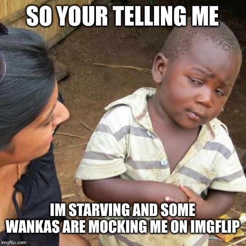 Third World Skeptical Kid Meme | SO YOUR TELLING ME; IM STARVING AND SOME WANKAS ARE MOCKING ME ON IMGFLIP | image tagged in memes,third world skeptical kid | made w/ Imgflip meme maker