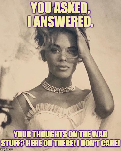 Kylie wedding gown | YOU ASKED, I ANSWERED. YOUR THOUGHTS ON THE WAR STUFF? HERE OR THERE! I DON'T CARE! | image tagged in kylie wedding gown | made w/ Imgflip meme maker