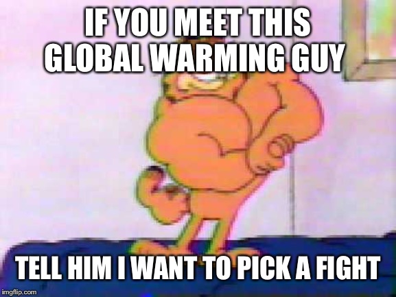 Muscular Garfield the Cat | IF YOU MEET THIS GLOBAL WARMING GUY; TELL HIM I WANT TO PICK A FIGHT | image tagged in muscular garfield the cat | made w/ Imgflip meme maker