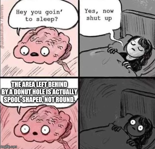 waking up brain | THE AREA LEFT BEHIND BY A DONUT HOLE IS ACTUALLY SPOOL-SHAPED, NOT ROUND. | image tagged in waking up brain | made w/ Imgflip meme maker