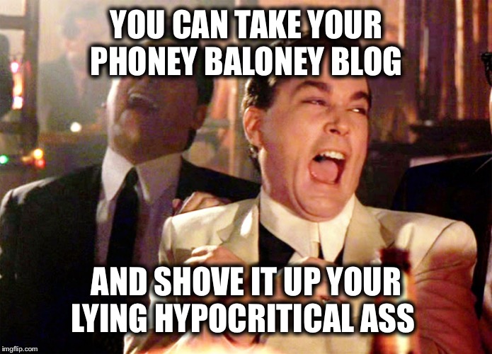 Good Fellas Hilarious Meme | YOU CAN TAKE YOUR PHONEY BALONEY BLOG AND SHOVE IT UP YOUR LYING HYPOCRITICAL ASS | image tagged in memes,good fellas hilarious | made w/ Imgflip meme maker