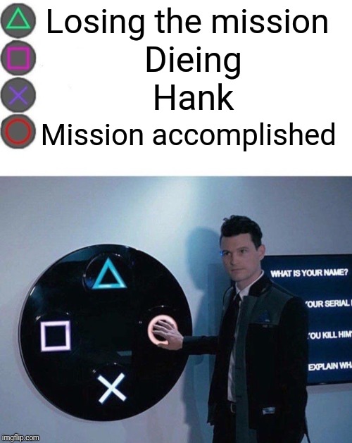 4 Buttons | Losing the mission; Dieing; Hank; Mission accomplished | image tagged in 4 buttons | made w/ Imgflip meme maker