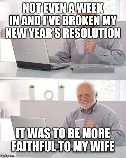 Harold... Oh, dear! | NOT EVEN A WEEK IN AND I'VE BROKEN MY NEW YEAR'S RESOLUTION; IT WAS TO BE MORE FAITHFUL TO MY WIFE | image tagged in memes,hide the pain harold | made w/ Imgflip meme maker