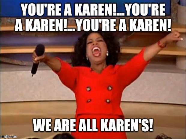 Oprah You Get A | YOU'RE A KAREN!...YOU'RE A KAREN!...YOU'RE A KAREN! WE ARE ALL KAREN'S! | image tagged in memes,oprah you get a | made w/ Imgflip meme maker