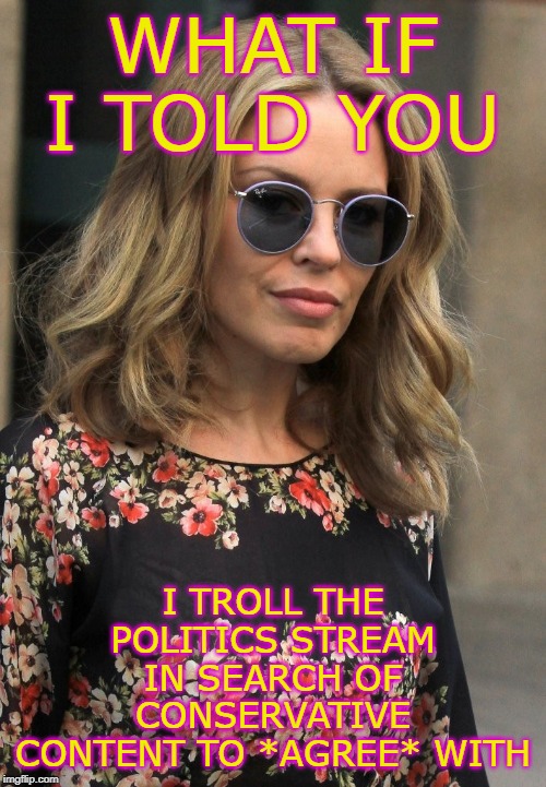 politics lol | WHAT IF I TOLD YOU; I TROLL THE POLITICS STREAM IN SEARCH OF CONSERVATIVE CONTENT TO *AGREE* WITH | image tagged in kylie morpheus,conservative,liberal,politics lol,republicans,democrats | made w/ Imgflip meme maker