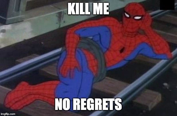 Sexy Railroad Spiderman Meme | KILL ME; NO REGRETS | image tagged in memes,sexy railroad spiderman,spiderman | made w/ Imgflip meme maker