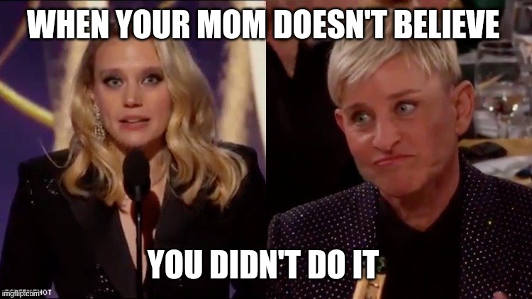 Not Impressed Ellen | WHEN YOUR MOM DOESN'T BELIEVE; YOU DIDN'T DO IT | image tagged in not impressed ellen | made w/ Imgflip meme maker