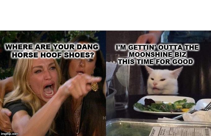 Woman Yelling At Cat | WHERE ARE YOUR DANG 
   HORSE HOOF SHOES? I'M GETTIN' OUTTA THE 
         MOONSHINE BIZ 
    THIS TIME FOR GOOD | image tagged in memes,woman yelling at cat | made w/ Imgflip meme maker