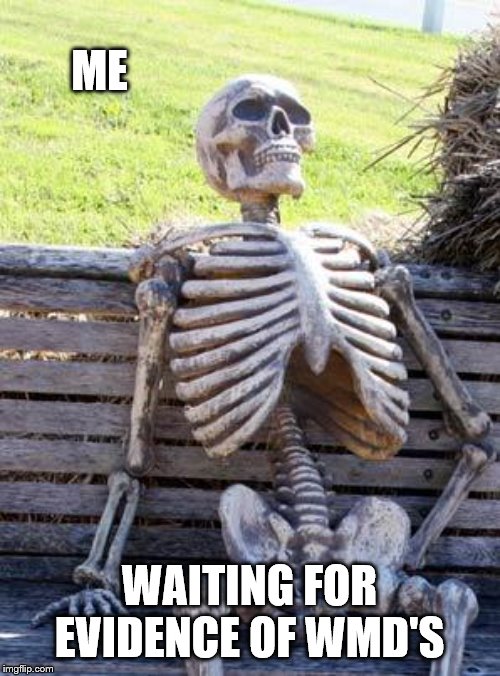 Waiting Skeleton Meme | ME WAITING FOR EVIDENCE OF WMD'S | image tagged in memes,waiting skeleton | made w/ Imgflip meme maker