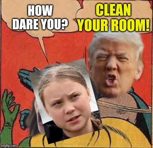 Trump slaps Greta Thunberg | HOW DARE YOU? CLEAN YOUR ROOM! | image tagged in trump slap,greta thunberg | made w/ Imgflip meme maker