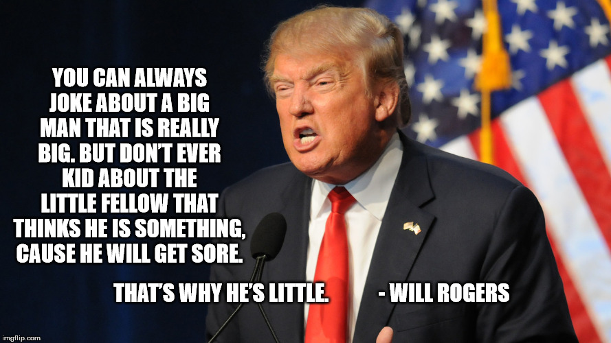 Insulting Trump. | YOU CAN ALWAYS JOKE ABOUT A BIG MAN THAT IS REALLY BIG. BUT DON’T EVER KID ABOUT THE LITTLE FELLOW THAT THINKS HE IS SOMETHING, CAUSE HE WILL GET SORE. THAT’S WHY HE’S LITTLE.            - WILL ROGERS | image tagged in trump,donald trump,insulting trump,angry trump | made w/ Imgflip meme maker