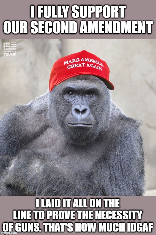 Harambe: Second Amendment martyr. | I FULLY SUPPORT OUR SECOND AMENDMENT; I LAID IT ALL ON THE LINE TO PROVE THE NECESSITY OF GUNS. THAT'S HOW MUCH IDGAF | image tagged in maga harambe,second amendment,harambe,politics lol,political humor,gun rights | made w/ Imgflip meme maker