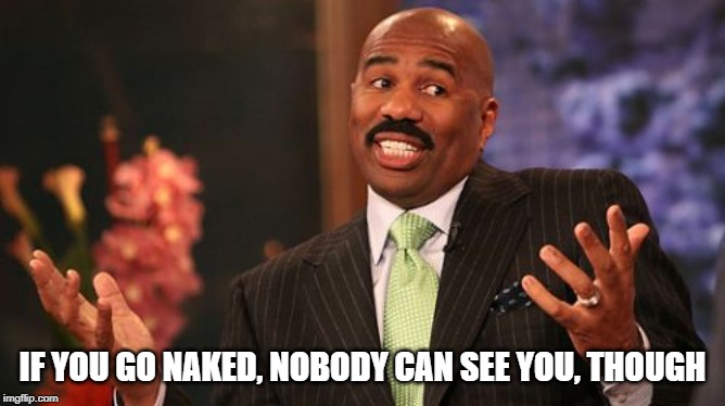 Steve Harvey Meme | IF YOU GO NAKED, NOBODY CAN SEE YOU, THOUGH | image tagged in memes,steve harvey | made w/ Imgflip meme maker
