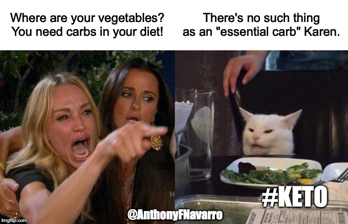 Woman Yelling At Cat | Where are your vegetables? You need carbs in your diet! There's no such thing as an "essential carb" Karen. #KETO; @AnthonyFNavarro | image tagged in memes,woman yelling at cat | made w/ Imgflip meme maker