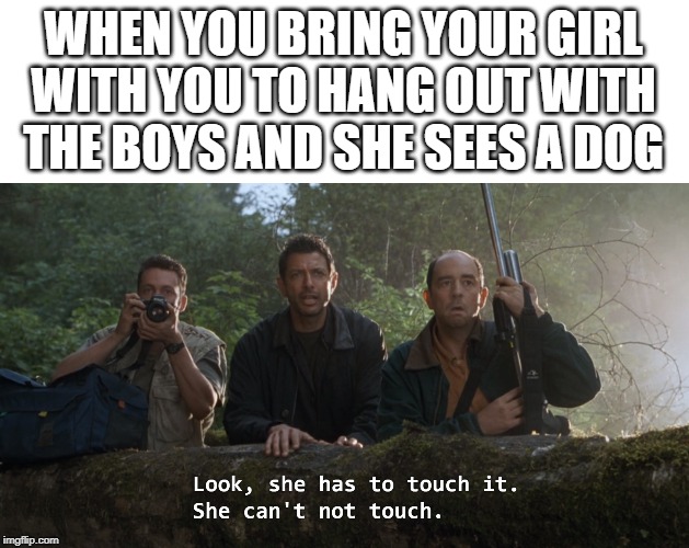 When your girl sees a dog | WHEN YOU BRING YOUR GIRL WITH YOU TO HANG OUT WITH THE BOYS AND SHE SEES A DOG | image tagged in she can't not touch,girl,girlfriend,me and the boys,the boys,dog | made w/ Imgflip meme maker