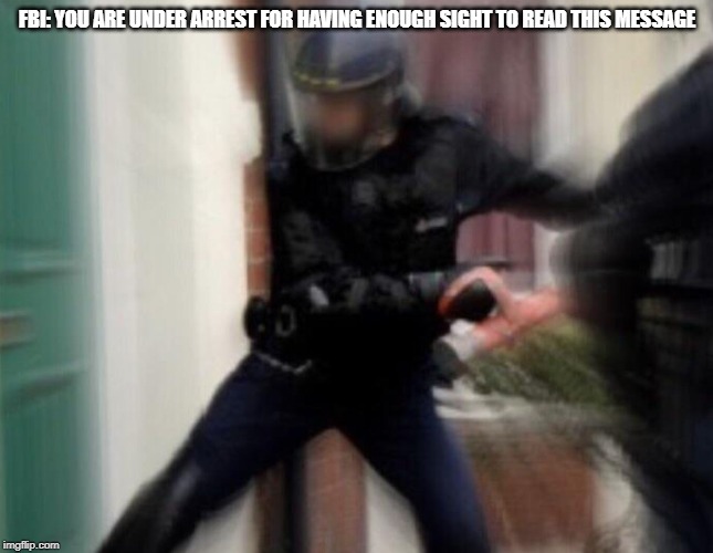 FBI Door Breach | FBI: YOU ARE UNDER ARREST FOR HAVING ENOUGH SIGHT TO READ THIS MESSAGE | image tagged in fbi door breach | made w/ Imgflip meme maker