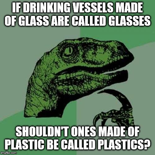 Philosoraptor Meme | IF DRINKING VESSELS MADE OF GLASS ARE CALLED GLASSES; SHOULDN'T ONES MADE OF PLASTIC BE CALLED PLASTICS? | image tagged in memes,philosoraptor | made w/ Imgflip meme maker