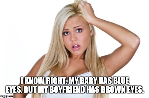 Dumb Blonde | I KNOW RIGHT, MY BABY HAS BLUE EYES, BUT MY BOYFRIEND HAS BROWN EYES. | image tagged in dumb blonde | made w/ Imgflip meme maker