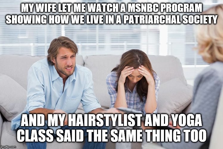 couples therapy | MY WIFE LET ME WATCH A MSNBC PROGRAM SHOWING HOW WE LIVE IN A PATRIARCHAL SOCIETY; AND MY HAIRSTYLIST AND YOGA CLASS SAID THE SAME THING TOO | image tagged in couples therapy | made w/ Imgflip meme maker