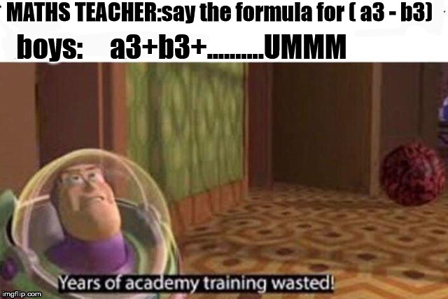 Years Of Academy Training Wasted | MATHS TEACHER:say the formula for ( a3 - b3); boys:     a3+b3+..........UMMM | image tagged in years of academy training wasted | made w/ Imgflip meme maker