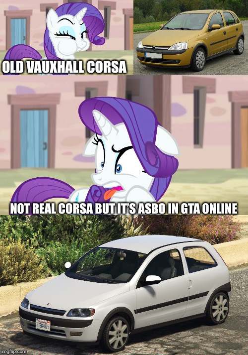 Vauxhall Corsa VS Asbo GTA Online | OLD VAUXHALL CORSA; NOT REAL CORSA BUT IT’S ASBO IN GTA ONLINE | image tagged in gta online,car,uk,rarity,mlp fim | made w/ Imgflip meme maker