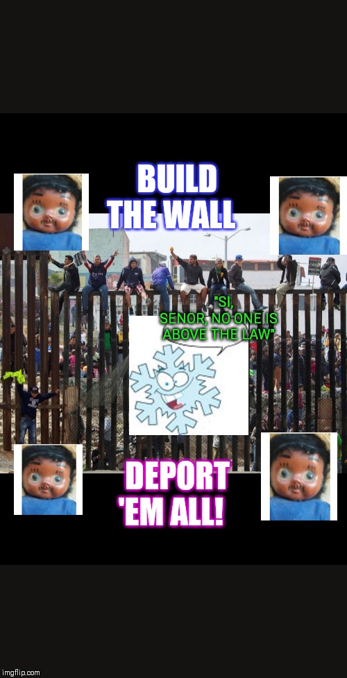 Get out and stay out | BUILD THE WALL; "SI, SENOR, NO ONE IS ABOVE THE LAW"; DEPORT 'EM ALL! | image tagged in illegal aliens | made w/ Imgflip meme maker