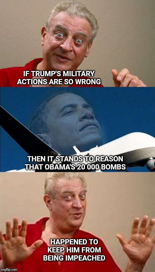 IF TRUMP'S MILITARY ACTIONS ARE SO WRONG; THEN IT STANDS TO REASON THAT OBAMA'S 20 000 BOMBS; HAPPENED TO KEEP HIM FROM BEING IMPEACHED | image tagged in rodney dangerfield,obama drone,impeach | made w/ Imgflip meme maker
