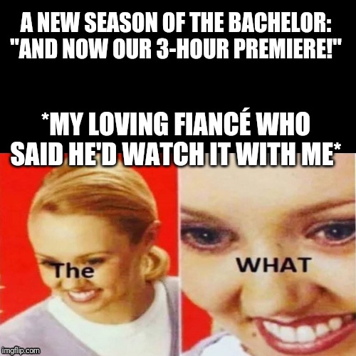 The What | A NEW SEASON OF THE BACHELOR: "AND NOW OUR 3-HOUR PREMIERE!"; *MY LOVING FIANCÉ WHO SAID HE'D WATCH IT WITH ME* | image tagged in the what | made w/ Imgflip meme maker