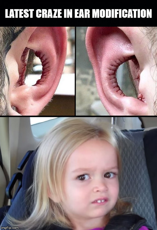 Taking it to the Next Level | LATEST CRAZE IN EAR MODIFICATION | image tagged in side eye chloe disgust girl,ear modification | made w/ Imgflip meme maker