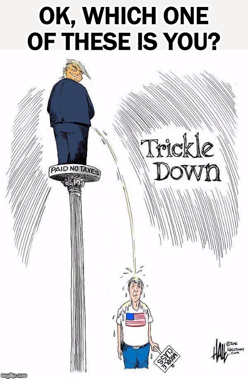 Honestly now, no alibis. | OK, WHICH ONE OF THESE IS YOU? | image tagged in trump and trickle down economics - he likes it,trump,trickle down,supply side,reaganomics | made w/ Imgflip meme maker