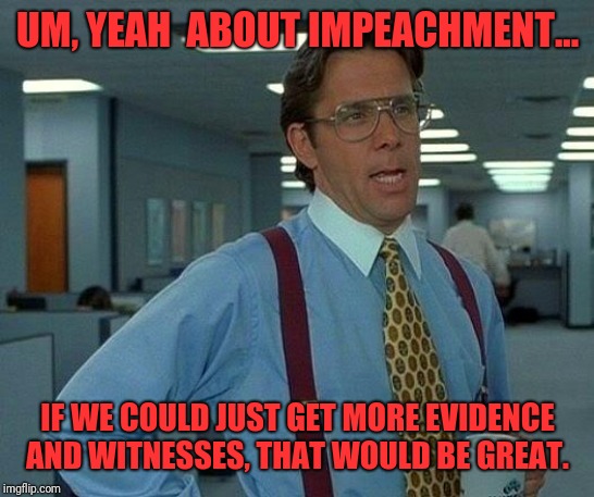 That Would Be Great | UM, YEAH  ABOUT IMPEACHMENT... IF WE COULD JUST GET MORE EVIDENCE AND WITNESSES, THAT WOULD BE GREAT. | image tagged in memes,that would be great | made w/ Imgflip meme maker