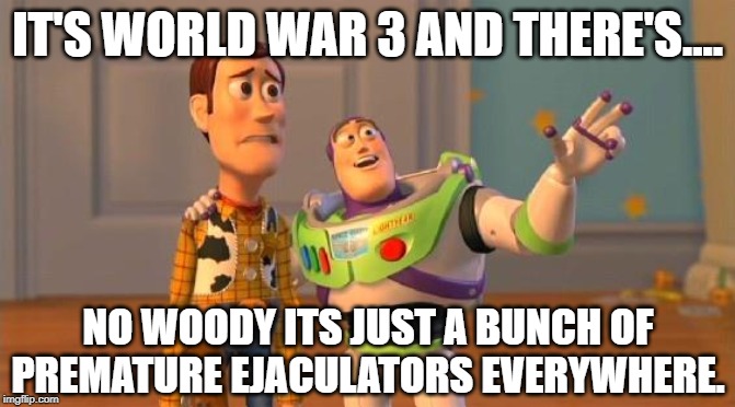 TOYSTORY EVERYWHERE | IT'S WORLD WAR 3 AND THERE'S.... NO WOODY ITS JUST A BUNCH OF PREMATURE EJACULATORS EVERYWHERE. | image tagged in toystory everywhere | made w/ Imgflip meme maker