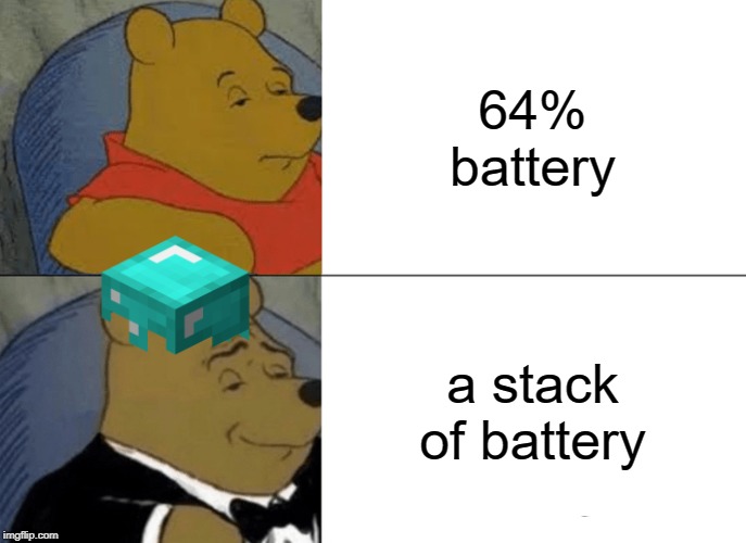 Tuxedo Winnie The Pooh Meme | 64% battery; a stack of battery | image tagged in memes,tuxedo winnie the pooh,funny,battery,minecraft,stack | made w/ Imgflip meme maker
