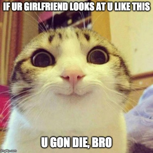 u gon die, bro | IF UR GIRLFRIEND LOOKS AT U LIKE THIS; U GON DIE, BRO | image tagged in memes,smiling cat | made w/ Imgflip meme maker