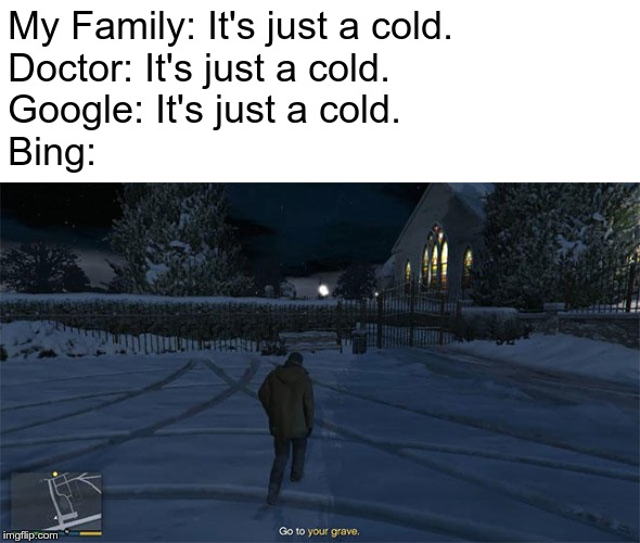 Go to your grave | My Family: It's just a cold.
Doctor: It's just a cold.
Google: It's just a cold.
Bing: | image tagged in go to your grave | made w/ Imgflip meme maker