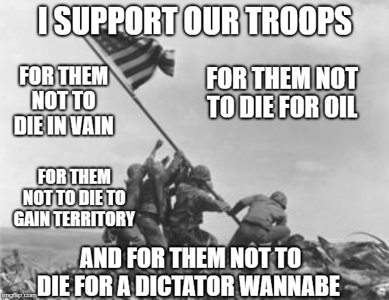 Troops | I SUPPORT OUR TROOPS; FOR THEM NOT TO DIE FOR OIL; FOR THEM NOT TO DIE IN VAIN; FOR THEM NOT TO DIE TO GAIN TERRITORY; AND FOR THEM NOT TO DIE FOR A DICTATOR WANNABE | image tagged in donald trump,liberals,conservatives,republicans | made w/ Imgflip meme maker
