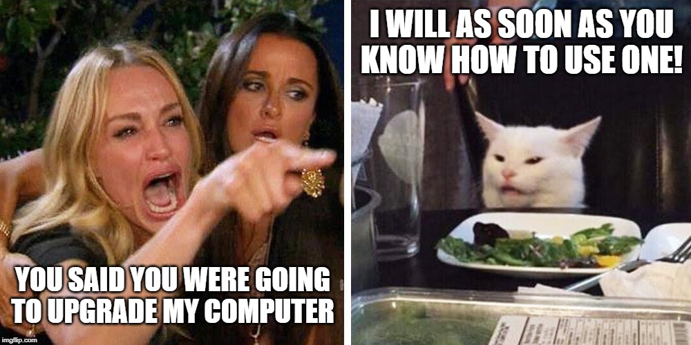 Smudge the cat | I WILL AS SOON AS YOU
KNOW HOW TO USE ONE! YOU SAID YOU WERE GOING
TO UPGRADE MY COMPUTER | image tagged in smudge the cat | made w/ Imgflip meme maker