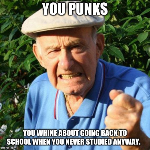 Education takes effort | YOU PUNKS; YOU WHINE ABOUT GOING BACK TO SCHOOL WHEN YOU NEVER STUDIED ANYWAY. | image tagged in angry old man,you punks,education takes effort,success is not your enemy,school,stay in school | made w/ Imgflip meme maker