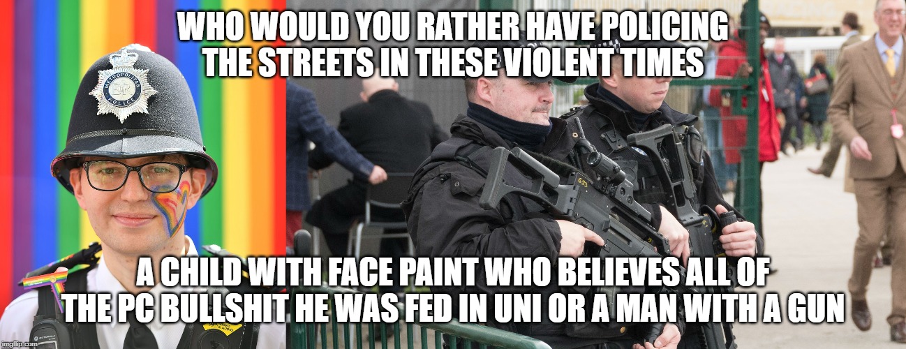 WHO WOULD YOU RATHER HAVE POLICING THE STREETS IN THESE VIOLENT TIMES; A CHILD WITH FACE PAINT WHO BELIEVES ALL OF THE PC BULLSHIT HE WAS FED IN UNI OR A MAN WITH A GUN | image tagged in lgbt police | made w/ Imgflip meme maker