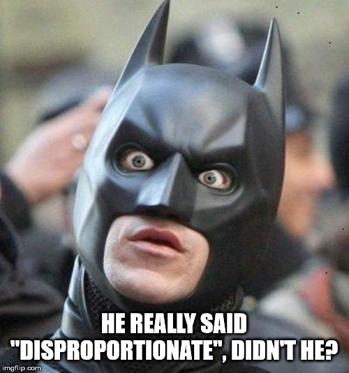 Shocked Batman | HE REALLY SAID "DISPROPORTIONATE", DIDN'T HE? | image tagged in shocked batman | made w/ Imgflip meme maker