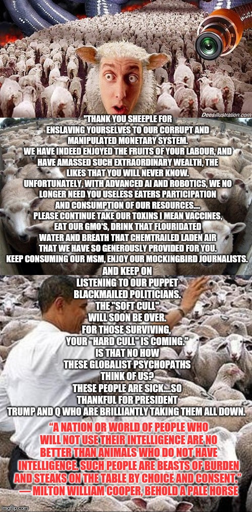 The choice to know is yours.Sheeple no more! | AND KEEP ON LISTENING TO OUR PUPPET BLACKMAILED POLITICIANS.
THE "SOFT CULL"  WILL SOON BE OVER. 
FOR THOSE SURVIVING,  YOUR "HARD CULL" IS COMING."
IS THAT NO HOW THESE GLOBALIST PSYCHOPATHS THINK OF US?
THESE PEOPLE ARE SICK....SO THANKFUL FOR PRESIDENT TRUMP AND Q WHO ARE BRILLIANTLY TAKING THEM ALL DOWN. "THANK YOU SHEEPLE FOR ENSLAVING YOURSELVES TO OUR CORRUPT AND MANIPULATED MONETARY SYSTEM.
WE HAVE INDEED ENJOYED THE FRUITS OF YOUR LABOUR, AND HAVE AMASSED SUCH EXTRAORDINARY WEALTH, THE LIKES THAT YOU WILL NEVER KNOW.
UNFORTUNATELY, WITH ADVANCED AI AND ROBOTICS, WE NO LONGER NEED YOU USELESS EATERS PARTICIPATION AND CONSUMPTION OF OUR RESOURCES....
PLEASE CONTINUE TAKE OUR TOXINS I MEAN VACCINES, EAT OUR GMO'S, DRINK THAT FLOURIDATED WATER AND BREATH THAT CHEMTRAILED LADEN AIR THAT WE HAVE SO GENEROUSLY PROVIDED FOR YOU.
KEEP CONSUMING OUR MSM, ENJOY OUR MOCKINGBIRD JOURNALISTS. “A NATION OR WORLD OF PEOPLE WHO WILL NOT USE THEIR INTELLIGENCE ARE NO BETTER THAN ANIMALS WHO DO NOT HAVE INTELLIGENCE. SUCH PEOPLE ARE BEASTS OF BURDEN AND STEAKS ON THE TABLE BY CHOICE AND CONSENT.” 
― MILTON WILLIAM COOPER, BEHOLD A PALE HORSE | image tagged in sheeple,corruption,deepstate,satanic child killing globalist psychopaths | made w/ Imgflip meme maker