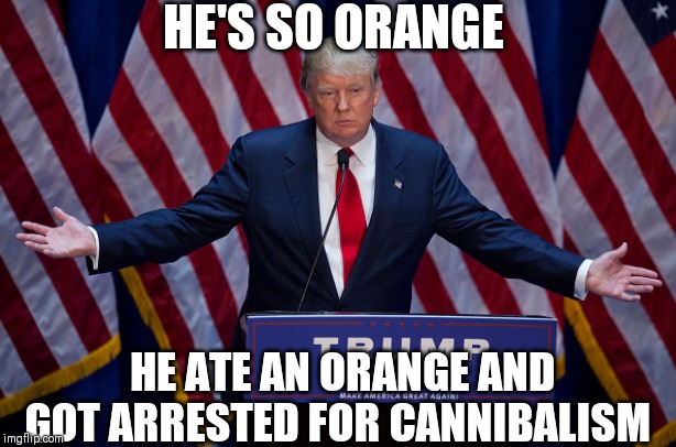 Donald Trump | HE'S SO ORANGE; HE ATE AN ORANGE AND GOT ARRESTED FOR CANNIBALISM | image tagged in donald trump | made w/ Imgflip meme maker